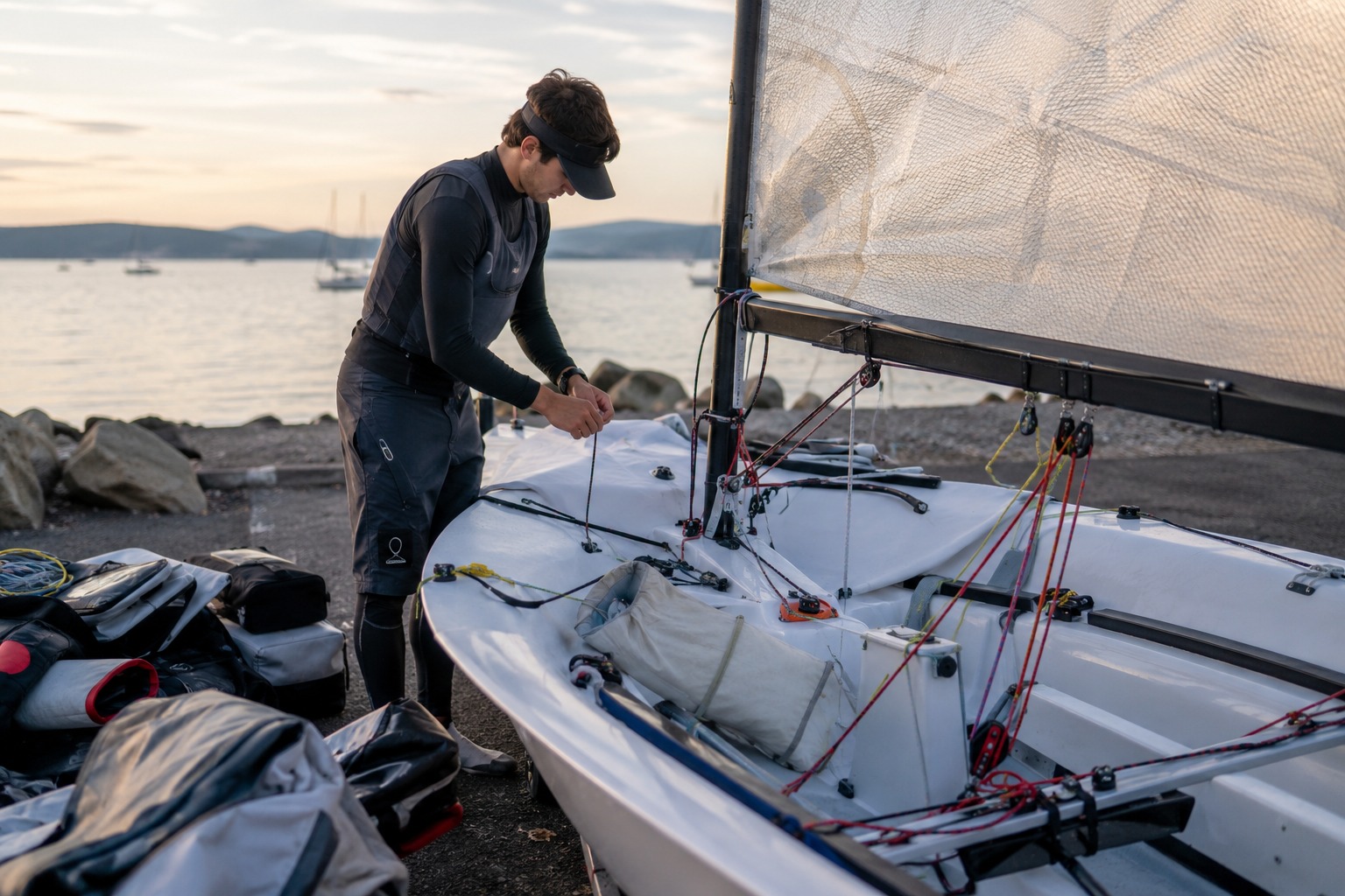 Sailor preparing and checking a racing dinghy before launch